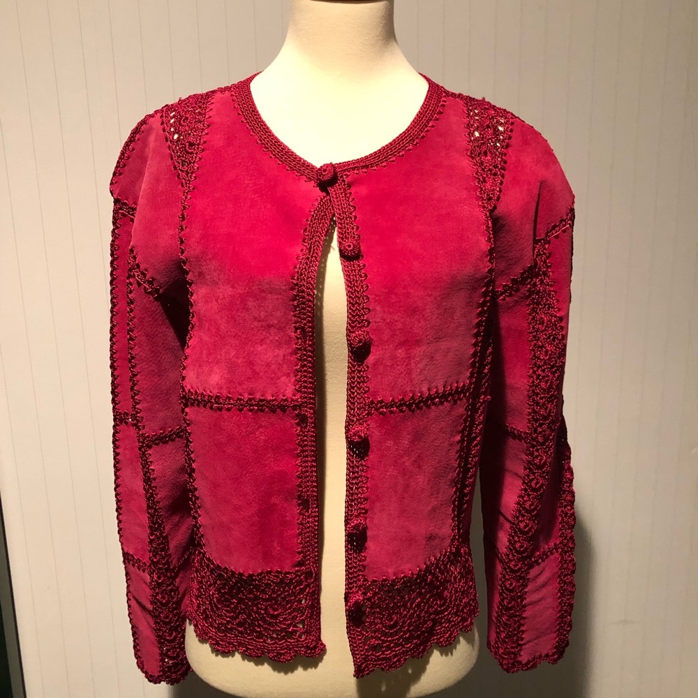 Beautiful Red Suede Patchwork Crocheted Jacket - image 1